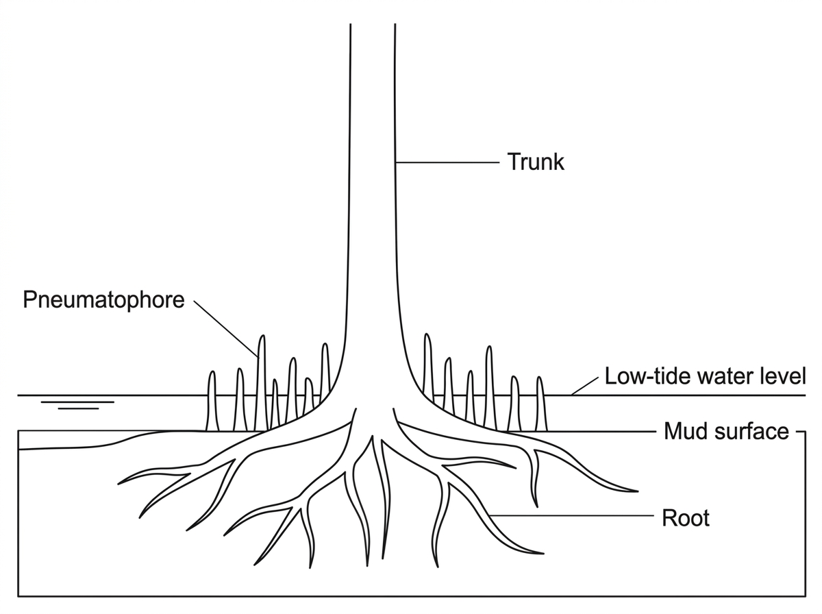 A black-and-white diagram of a mangrove tree at low tide in soft mud, showing an above-ground trunk, spreading roots and many short vertical root projections emerging from the mud. The diagram should show water level marks and mud surface but should not label pneumatophores or salt glands.