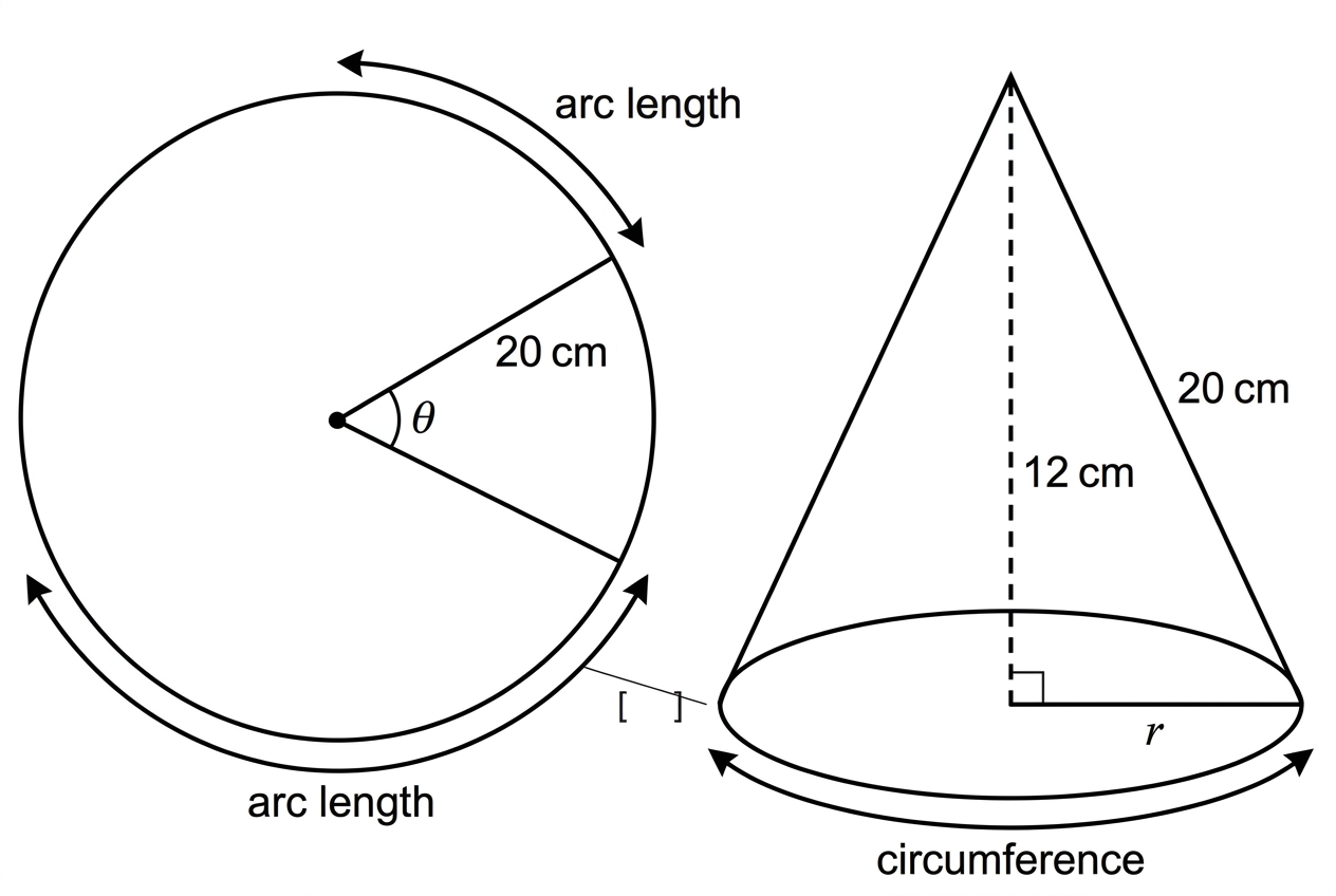 A circular sheet with a sector removed and the remaining sector joined into a cone, showing the relationship between sector arc length, cone circumference, radius, height and slant height.