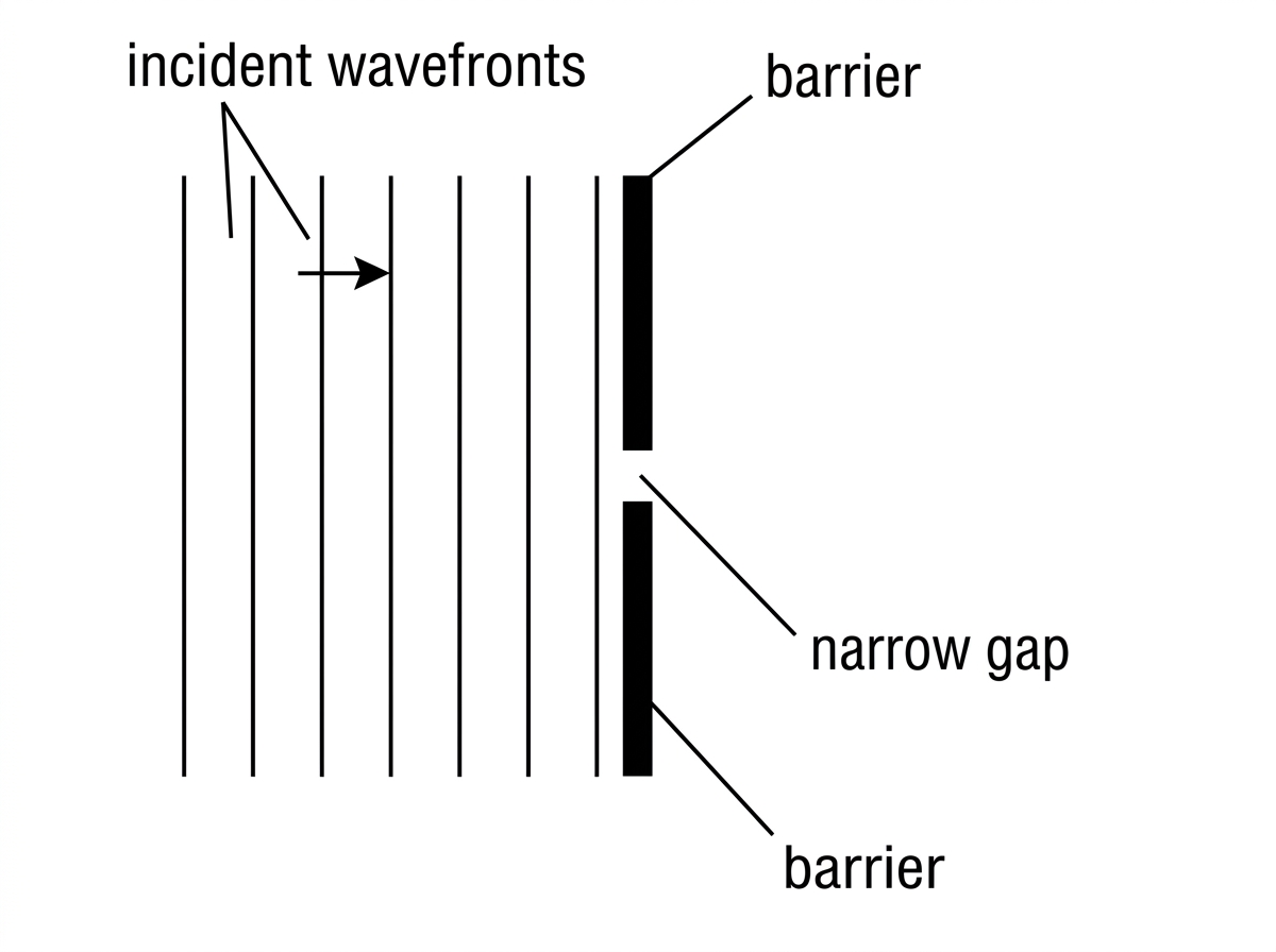 Ripple tank plan view with straight incident wavefronts approaching a barrier with a narrow aperture; region after aperture left for candidate interpretation.