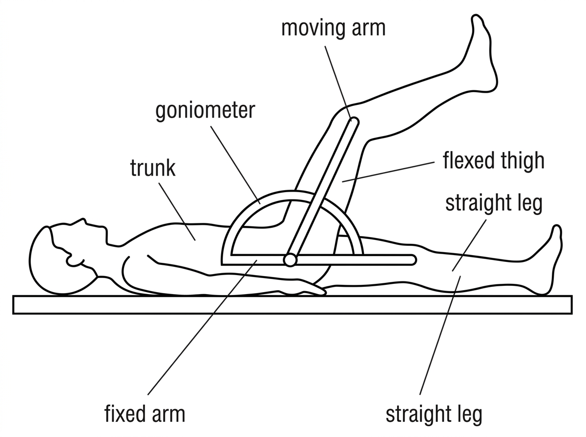 Student lying supine with a goniometer positioned at the hip during hip flexion; fixed and moving body segments visible, no angle value shown.