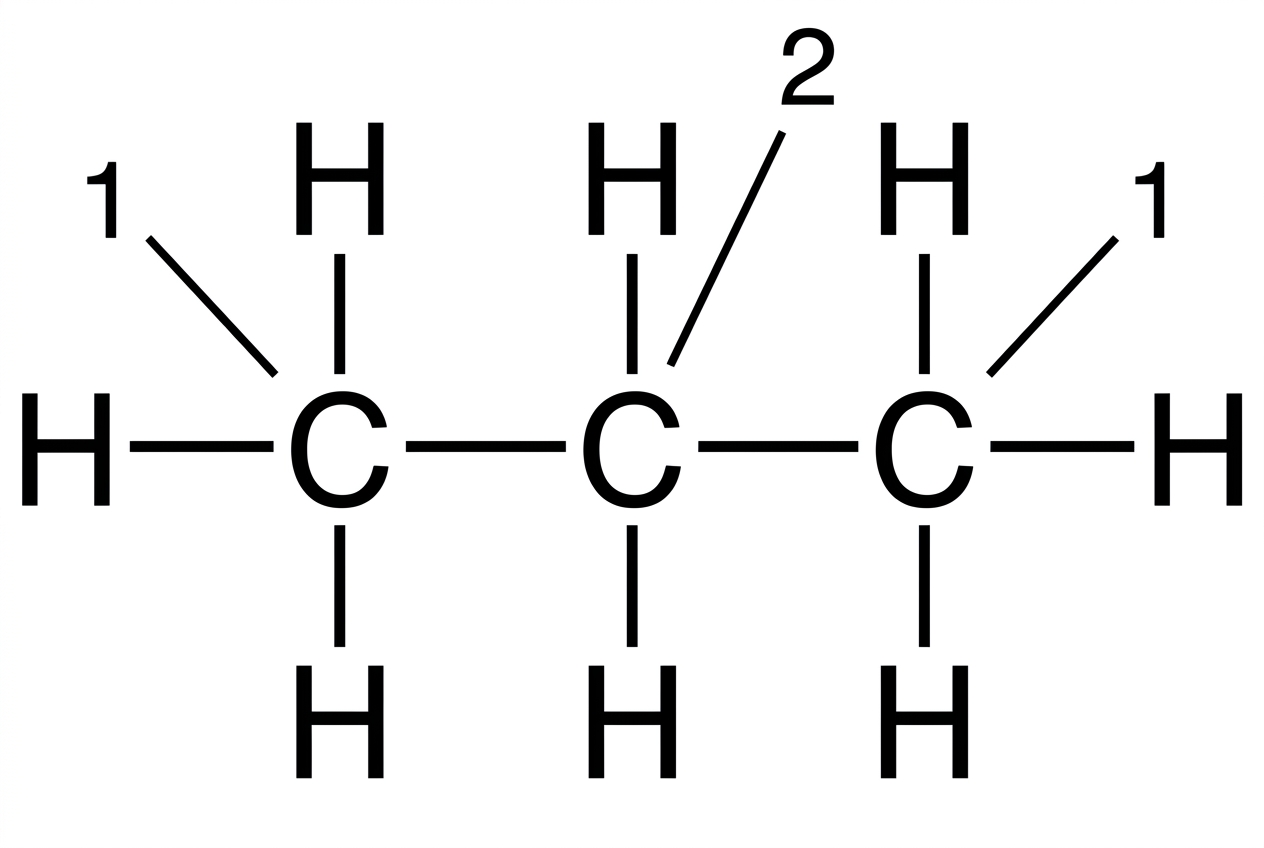 A skeletal or displayed structure of propane showing terminal and middle carbon positions distinctly labelled as position 1 and position 2; no radical products or chlorinated products are shown.