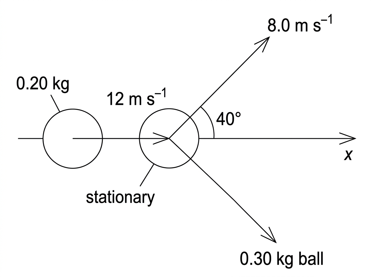 Two-dimensional collision diagram with initial velocity of first ball along positive x-axis, second ball initially stationary, and final velocity of first ball at an angle above x-axis; final direction of second ball not labelled with values.
