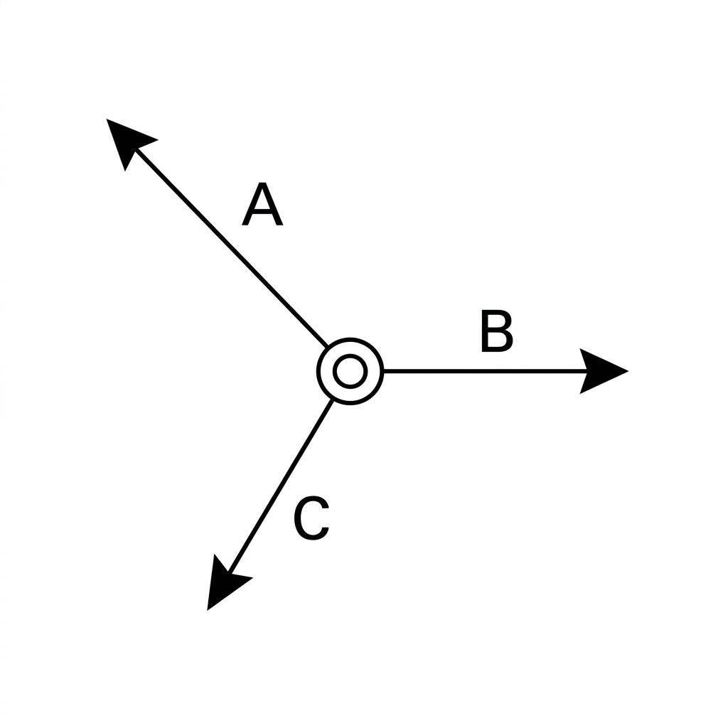 A mechanical joint diagram with three labelled forces A, B and C acting in different directions. The diagram should communicate that equilibrium produces three simultaneous linear equations, without including solution values.