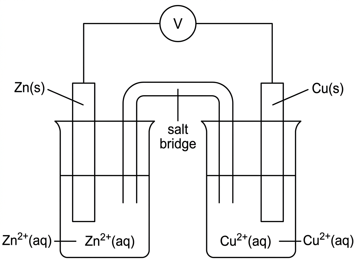 A labelled galvanic cell diagram with zinc and copper half-cells connected by a salt bridge and voltmeter; labels show $Zn$, $Zn^{2+}$, $Cu$, $Cu^{2+}$ but do not include calculated thermodynamic values.