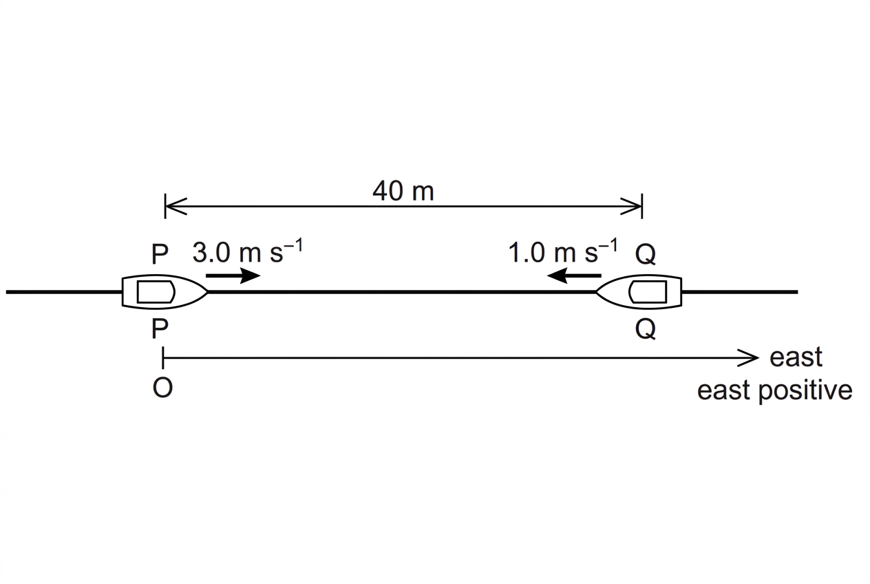 A plan-view diagram of two boats on a straight east-west line. Boat Q is initially to the east of boat P. Arrows show boat P moving east and boat Q moving west. A separation between the boats is labelled, but no calculated meeting point is shown.