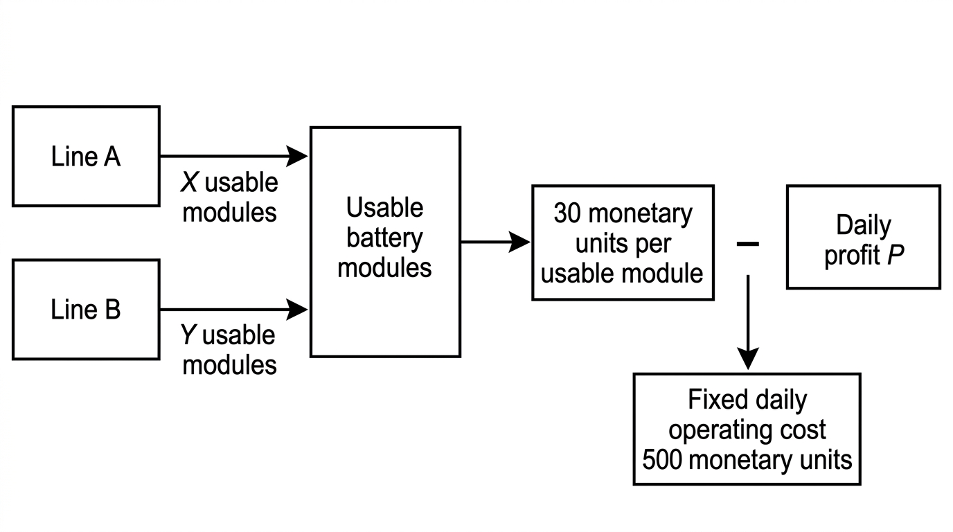 Two independent production lines labelled A and B feeding usable modules into a shared revenue stream, followed by subtraction of a fixed daily operating cost.