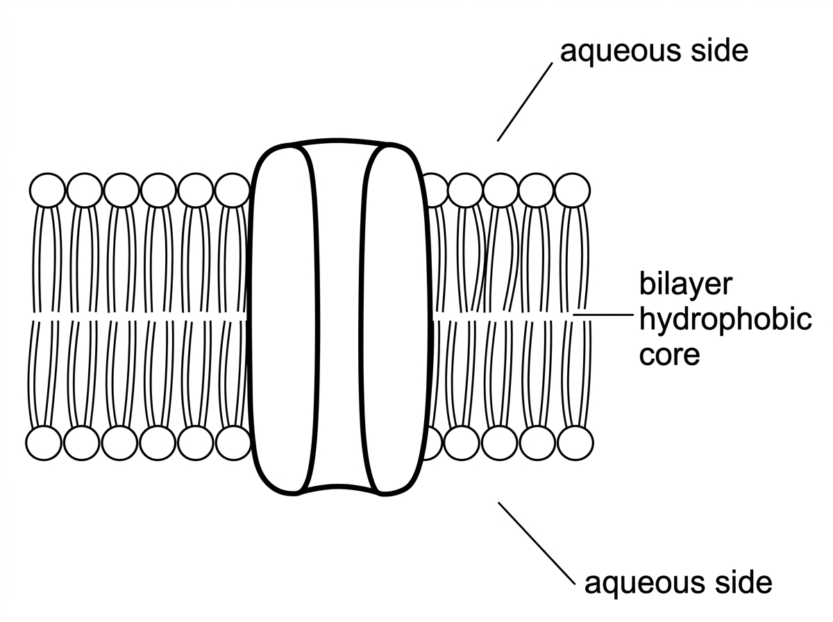 Cross-section of a phospholipid bilayer with an integral channel protein spanning the membrane; labels indicate bilayer hydrophobic core and aqueous sides, without naming amino acid types.