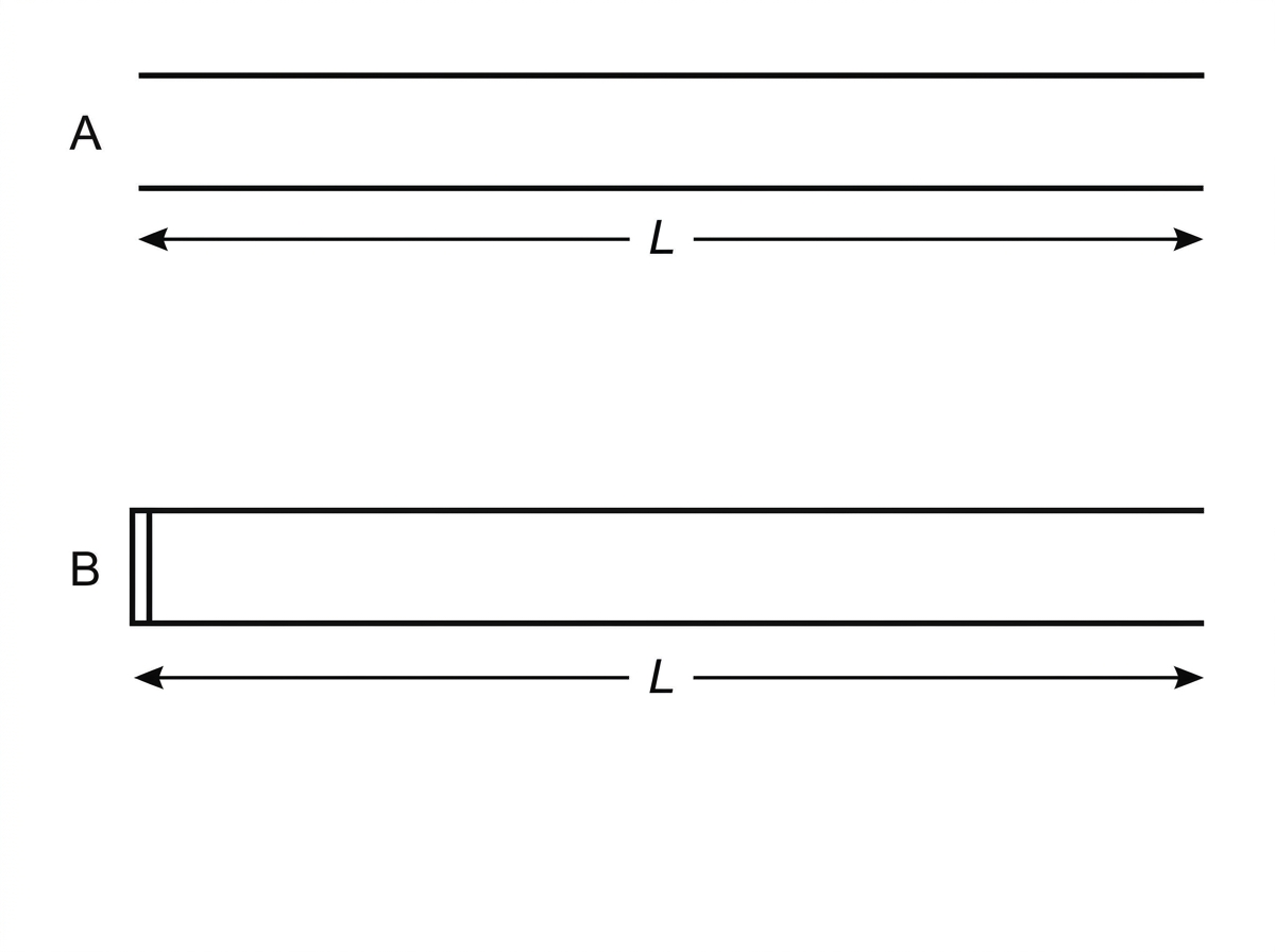 Two horizontal pipes of equal length shown one above the other. Pipe A is open at both ends. Pipe B has one closed end and one open end. Both lengths are labelled L. Blank spaces are provided below each pipe for displacement standing-wave sketches.