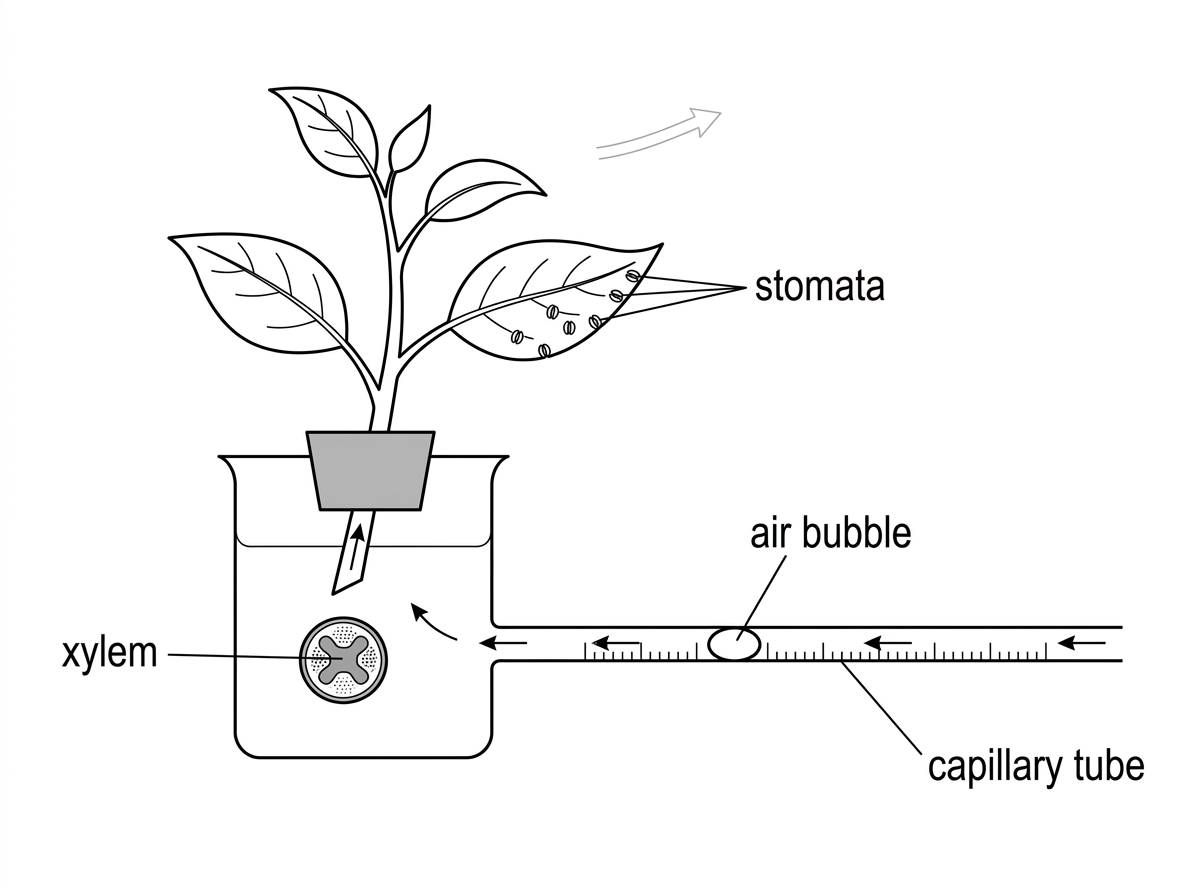 A simplified diagram of a leafy shoot connected to a potometer. It should show roots or a cut stem leading into xylem, leaves with stomata, a capillary tube with an air bubble and arrows indicating water movement from the apparatus into the shoot, without labelling the molecular mechanism.