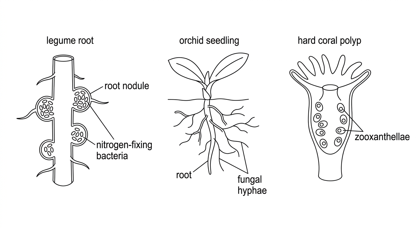 A three-panel diagram showing a legume root with nodules containing bacteria, an orchid seedling/root associated with fungal hyphae, and a coral polyp containing photosynthetic algal cells. Each panel labels both organisms but does not list benefits.