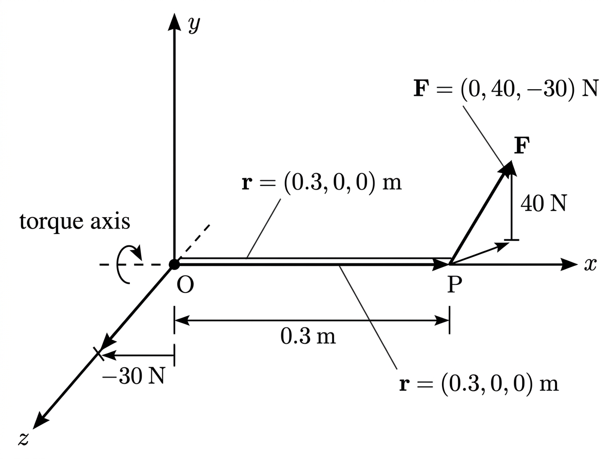 A three-dimensional pivot-and-handle diagram showing the position vector $\boldsymbol r$ from the pivot and the applied force $\boldsymbol F$. Include one clearly placed label for $\boldsymbol r=(0.3,0,0)\ \text{m}$ with a leader pointing to the handle. Omit the torque-axis annotation and circular arrow.