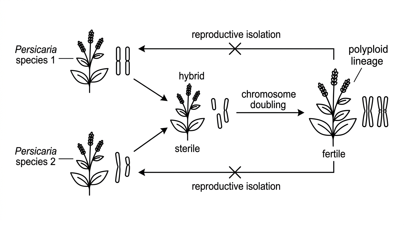 Flowchart showing two related *Persicaria* parent species forming a sterile hybrid, followed by chromosome doubling to a fertile polyploid lineage reproductively isolated from both parents.