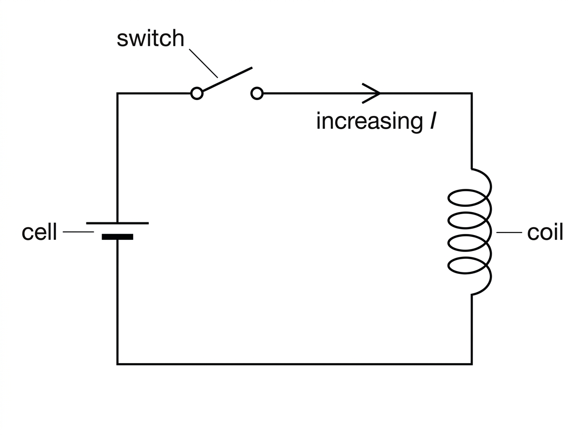 Circuit diagram showing a cell, switch and coil connected in series. Include arrows or labels only for the intended increasing current, not for the direction of any induced emf.