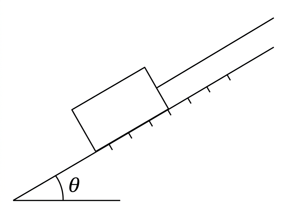 Box on a rough inclined plane with a rope parallel to the plane pulling up the slope; angle of incline shown, no force arrows.