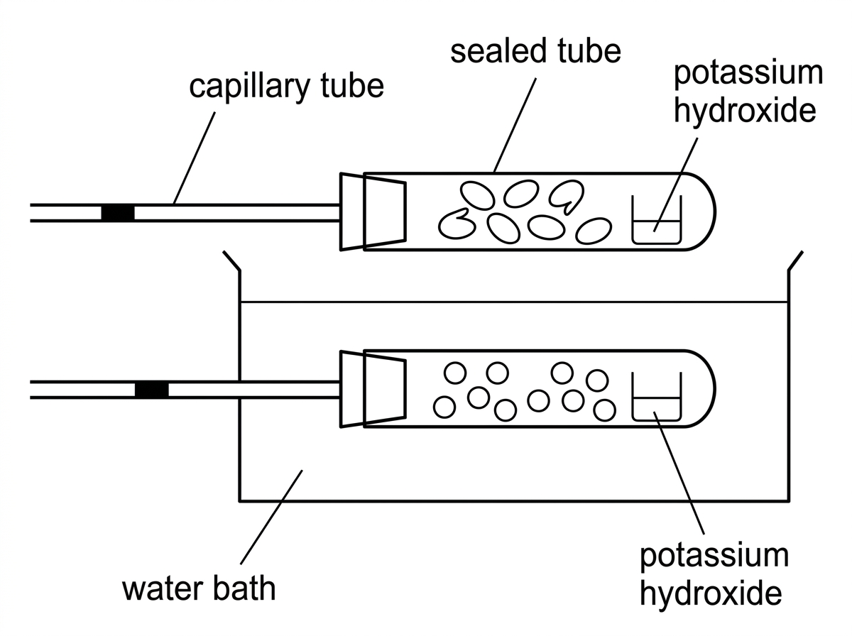 A simple respirometer diagram with two sealed matched tubes, one containing germinating seeds and potassium hydroxide and the other containing glass beads and potassium hydroxide, each connected to a capillary tube with a coloured fluid marker; labels for water bath, capillary and sealed tube.