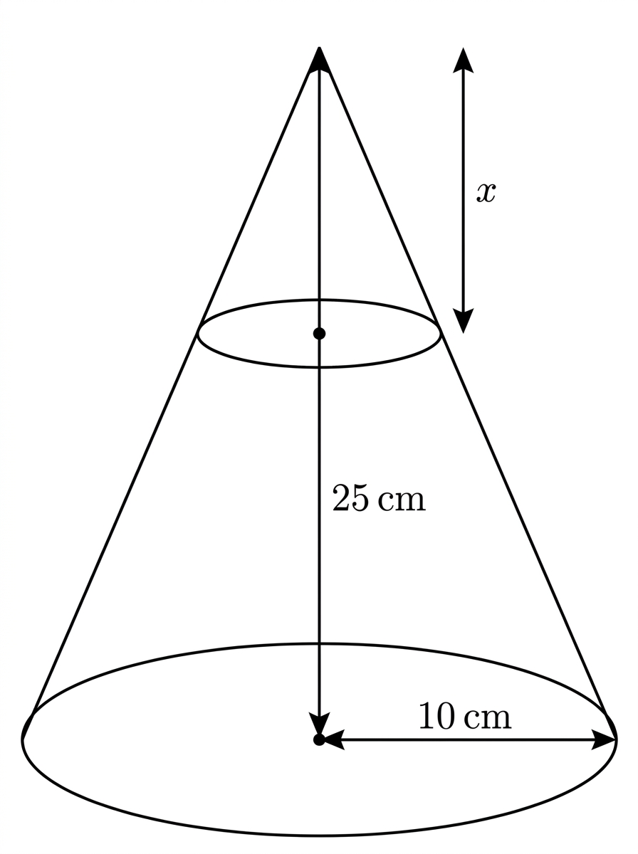 A right circular cone with base radius 10 cm and height 25 cm. A horizontal plane parallel to the base cuts off a smaller cone at the top. The smaller cone height is labelled x and the remaining frustum is indicated.