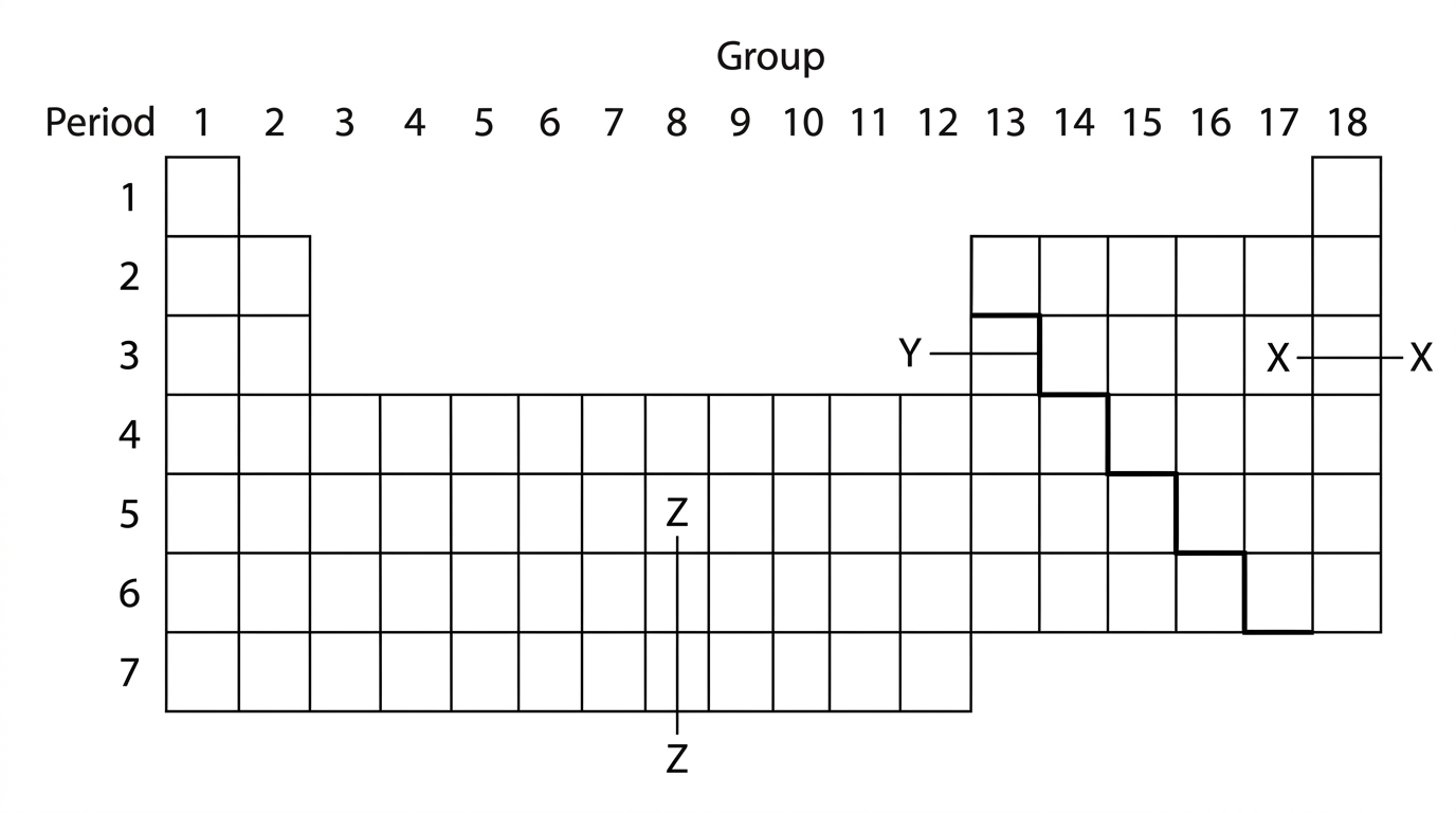A simplified outline of the periodic table showing the s-block on the left, d-block in the centre and p-block on the right. Position X is in period 3, group 17. Position Y is on the stepped boundary between metals and non-metals. Position Z is in the central d-block. Group and period labels are visible, but element names are not shown.