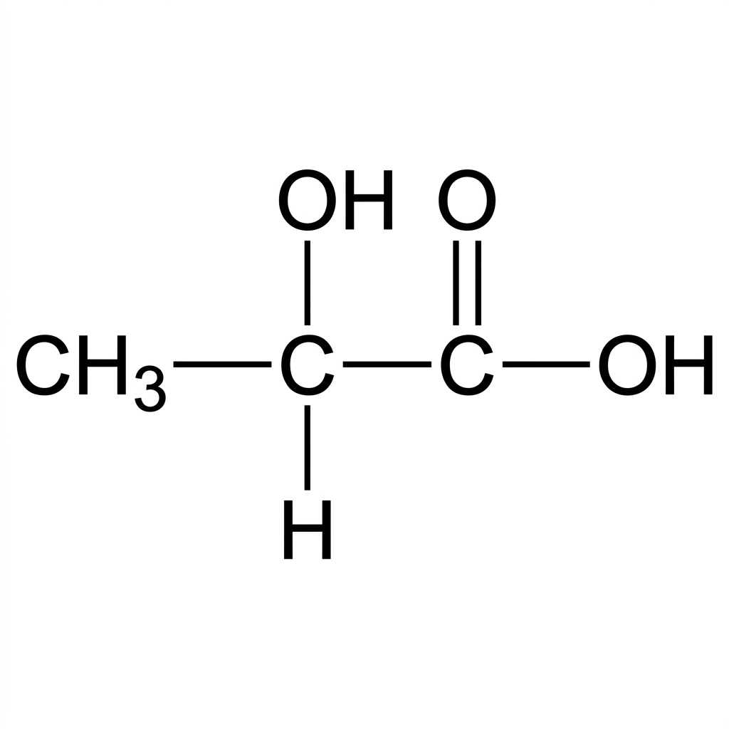 Displayed structural formula of lactic acid showing a methyl group, a hydroxyl group on the central carbon and a carboxyl group. No polymer structure is shown.