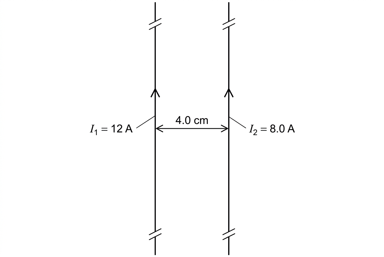 End-on or perspective diagram of two long, straight, parallel wires separated by a labelled distance. Arrows on both wires show currents in the same direction. No force arrows are shown.