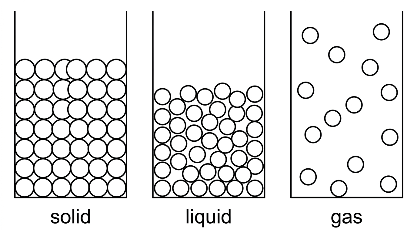 Three particle diagrams representing a solid lattice, a liquid with close disordered particles, and a gas with widely separated particles in a container.
