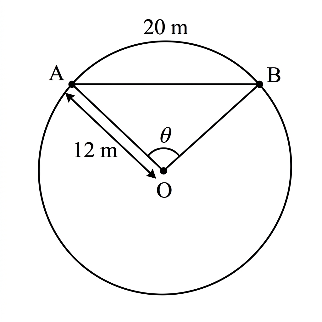 A circle with centre O and two radii OA and OB forming a minor sector. The radius and minor arc length are labelled. The central angle theta is marked at O and the chord AB is drawn.