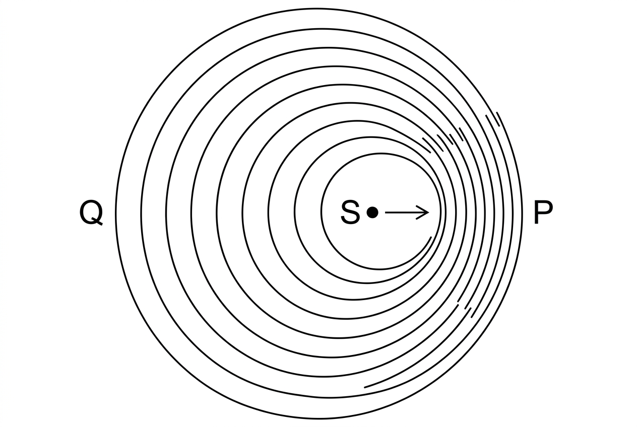 A wavefront diagram for a point sound source moving horizontally to the right through still air. The source is labelled S with a velocity arrow to the right. Circular wavefronts are drawn from earlier source positions so that the spacing is smaller on the right-hand side of S and larger on the left-hand side. Observer P is placed on the right of S and observer Q on the left of S. Labels P, Q and S must be clear.