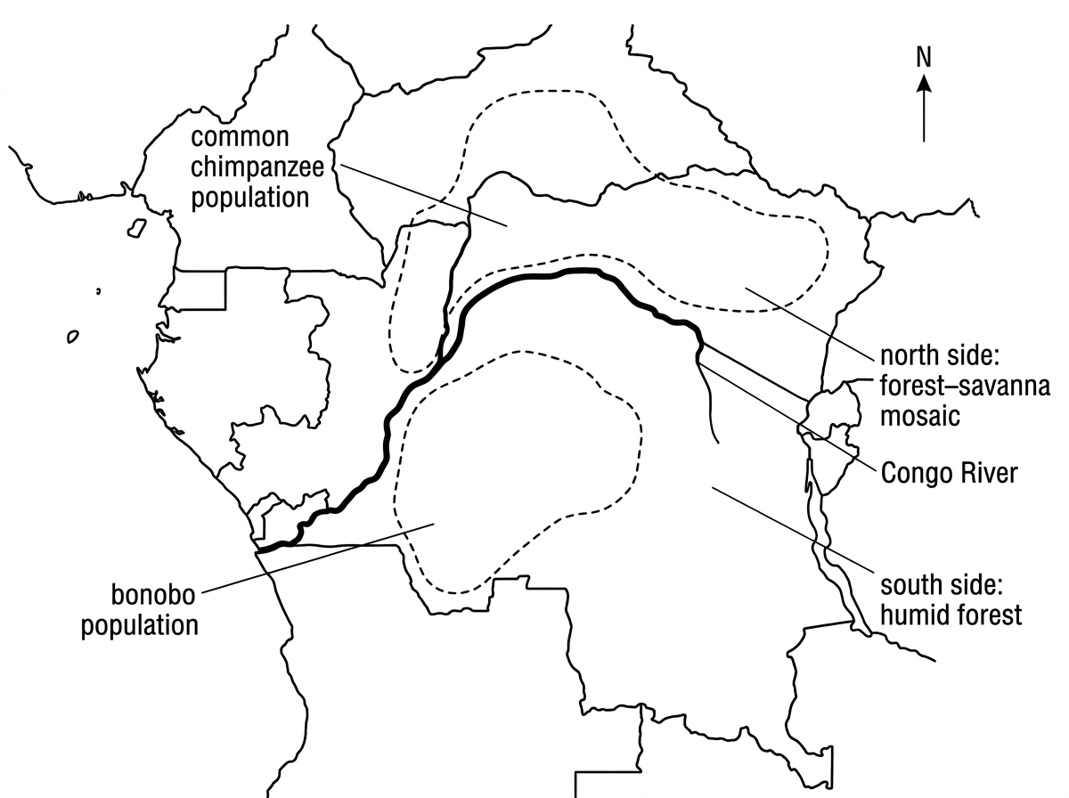 Map-style diagram showing the Congo River separating the ranges of bonobos and common chimpanzees, with labels for north and south populations and different ecological conditions on each side.