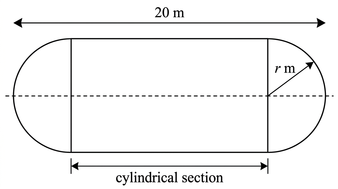 A capsule-shaped chamber formed from a cylinder and two hemispherical ends, showing the total length, common radius and cylindrical section.