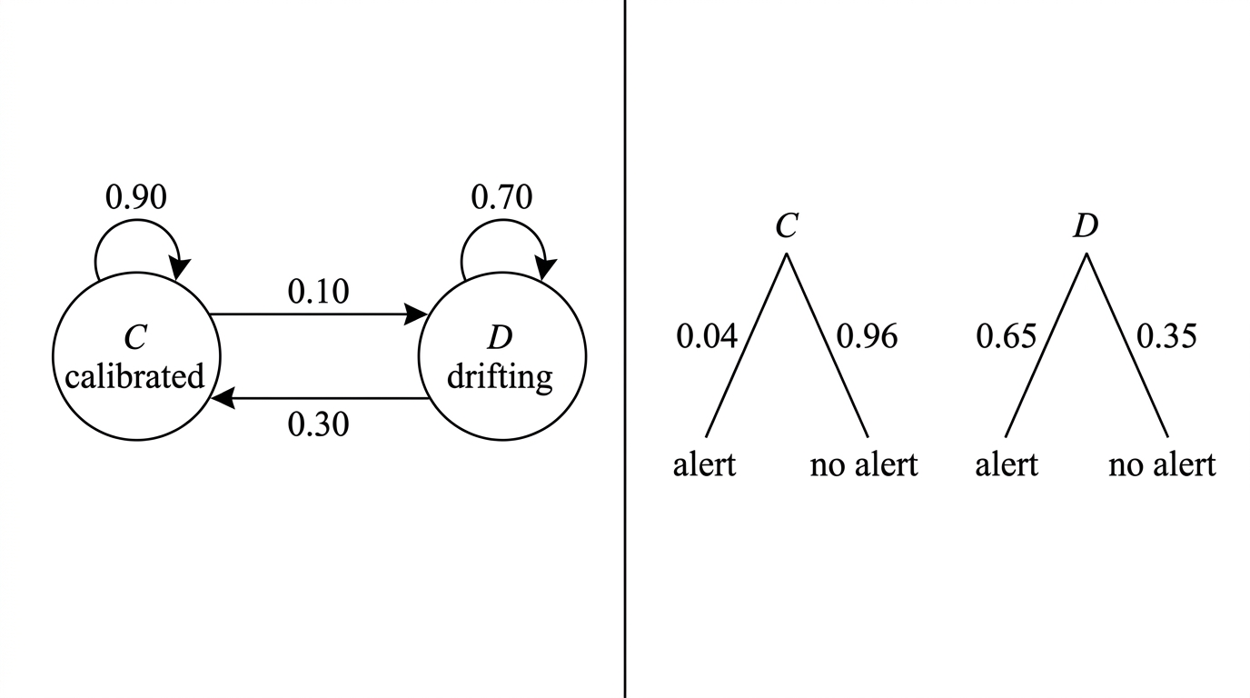 A two-state Markov transition diagram for calibrated and drifting states, accompanied by observation branches showing alert and no-alert probabilities from each state.