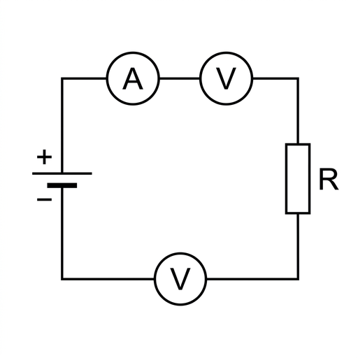 A simple circuit diagram with a cell, an ammeter symbol, a voltmeter symbol, and resistor R all connected one after another in the same single series loop. Use standard circuit symbols and equal line weight.