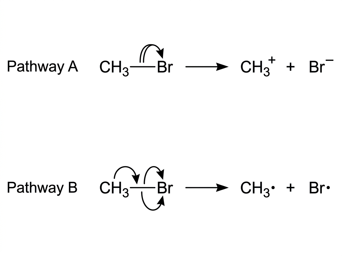 Two labelled pathways for C–Br bond breaking in CH₃Br: one with paired-electron movement to bromine and ionic products, and one with single-electron movement and radicals; labels do not name the fission type.