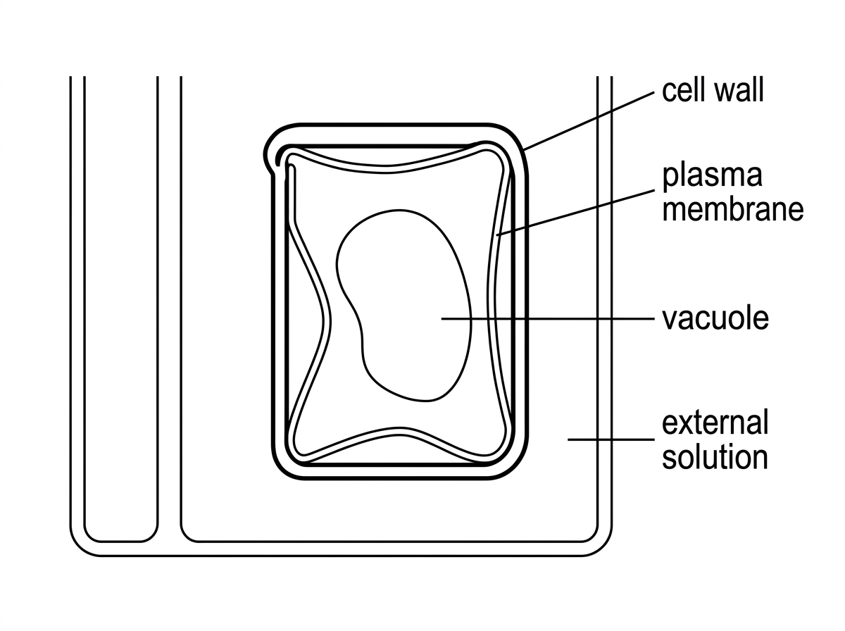 A plant cell diagram showing a plasmolysed cell being transferred to another solution; labels include cell wall, plasma membrane, vacuole and external solution, without arrows.