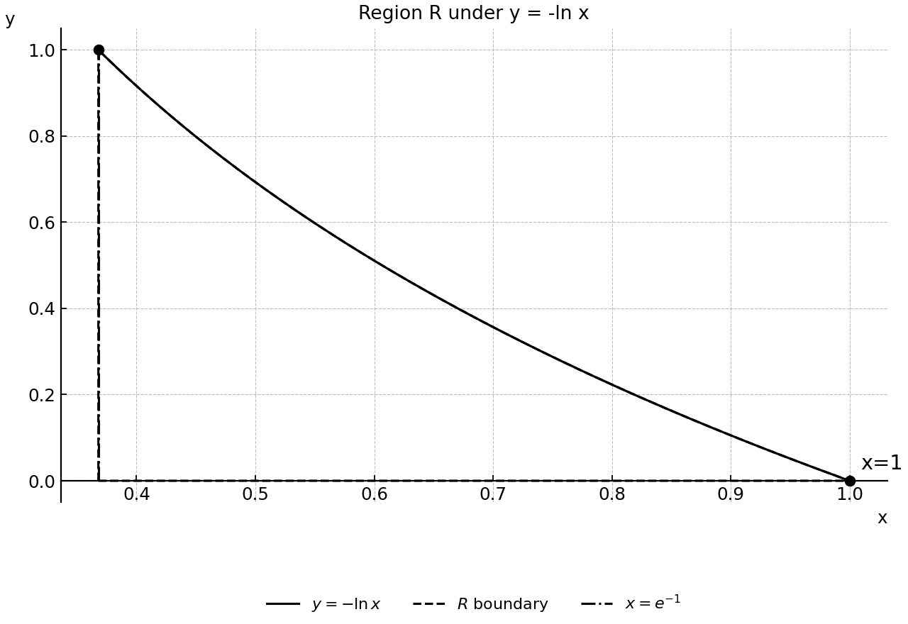 Shaded region R under $y=-\ln x$, bounded by $x=e^{-1}$ and $x=1$.
