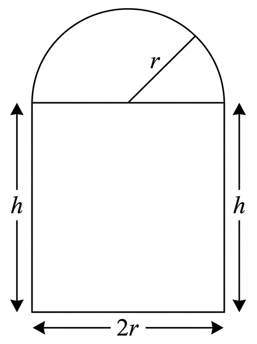 A window shape consisting of a rectangle of width 2r and height h with a semicircular top of radius r. The two vertical sides, bottom edge, and semicircular arc are shown as the outside perimeter.