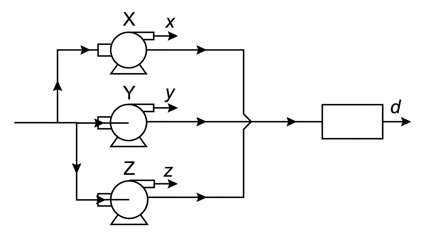 A schematic irrigation network with three labelled pumps X, Y and Z feeding a common system. The diagram shows that different constraints combine pump running times, but it does not include numerical results.