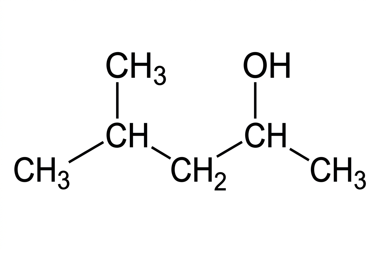 A condensed structural formula on a white background showing $CH_3-CH(CH_3)-CH_2-CH(OH)-CH_3$. The five-carbon parent chain should be drawn horizontally, with a methyl branch on the second carbon from the left and an $OH$ group attached to the second carbon from the right. All group labels should be clear and unambiguous.