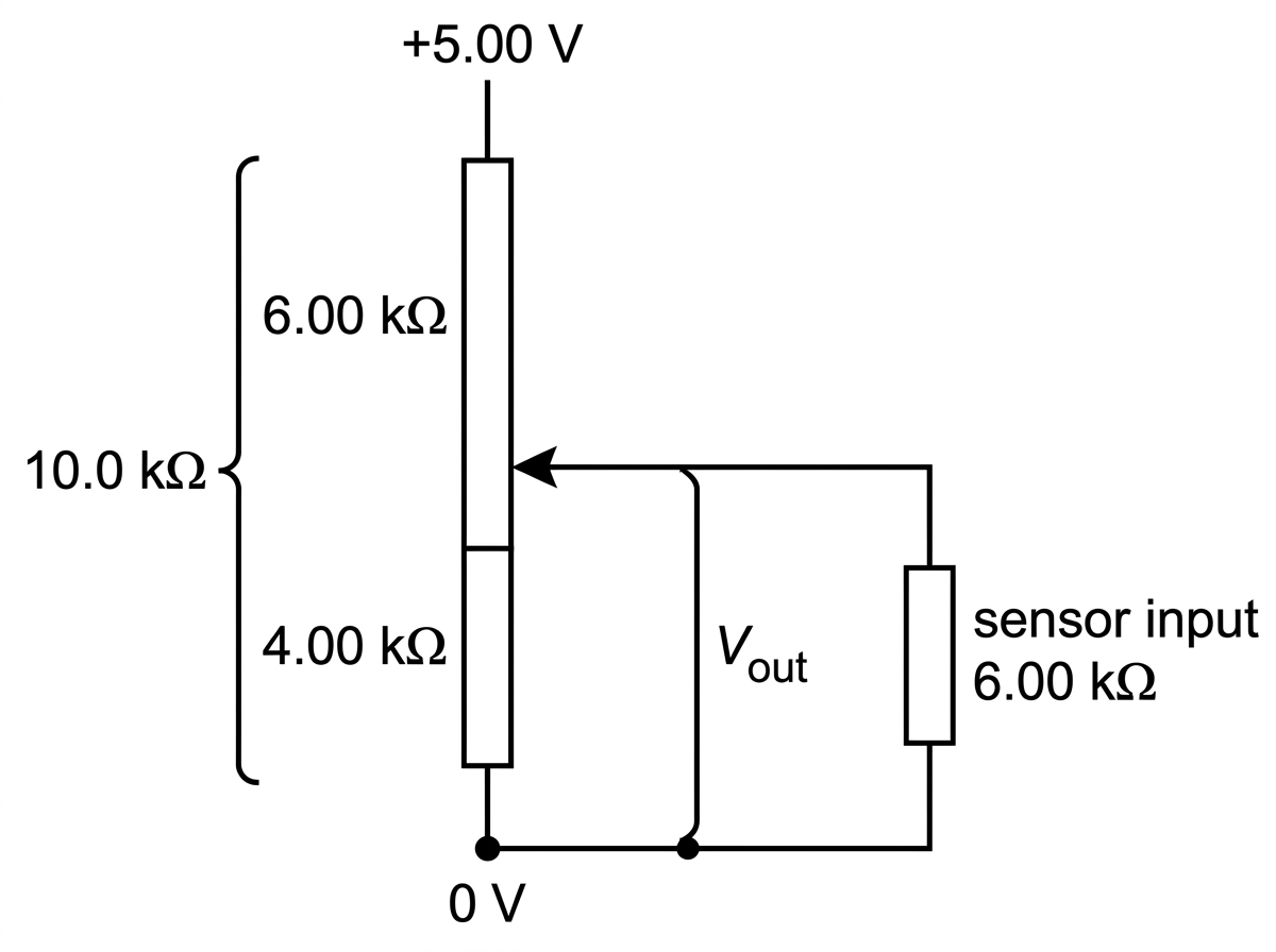 A potentiometer connected across a dc supply with the lower end labelled zero potential and the upper end at the supply potential. A slider taps an output voltage relative to the lower end. A load resistor representing a sensor input is connected from the slider to the lower end, in parallel with the lower section of the potentiometer.