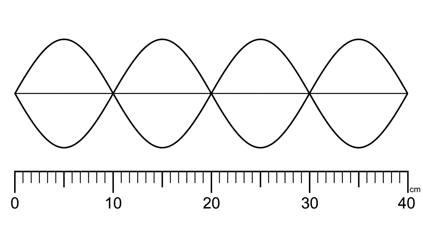 Scaled diagram of a standing wave on a horizontal string with several nodes and antinodes. A ruler scale is shown below the string. Two adjacent loops are visually distinct; no answers such as wavelength are labelled.