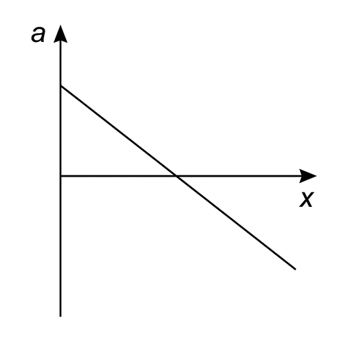 A simple graph with horizontal axis labeled x and vertical axis labeled a. A straight line passes through the origin with a negative gradient. The axes have arrowheads and no grid.