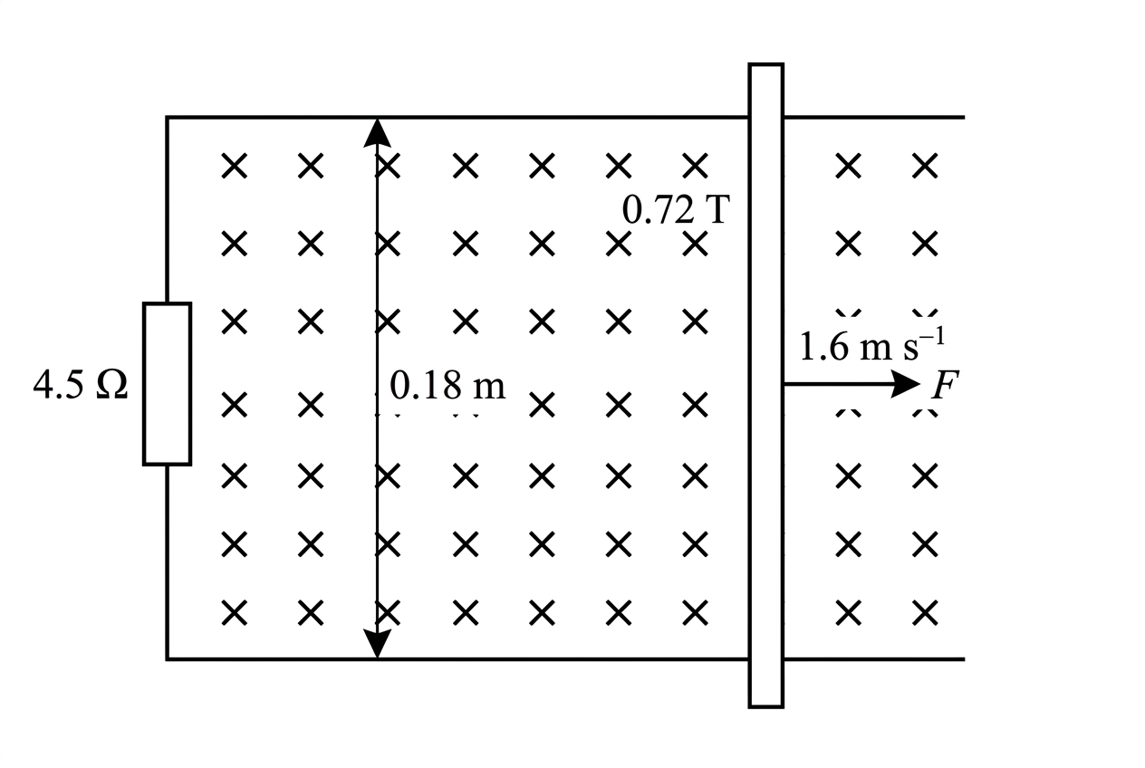 Two parallel horizontal conducting rails joined at the left by a resistor labelled $4.5\ \Omega$. A conducting rod bridges the rails on the right and is pulled to the right by an external force arrow. Uniform magnetic field into the page is shown by repeated cross symbols throughout the rail region. The rail separation is labelled $0.18\ \text{m}$ and the speed arrow is labelled $1.6\ \text{m s}^{-1}$.