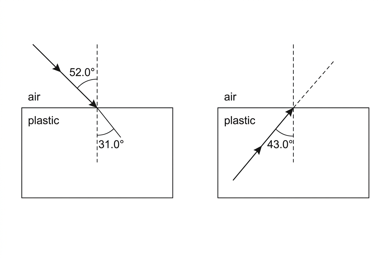 A ray diagram of a rectangular transparent block with air above it. A single incident ray in air meets the upper surface of the block at an oblique angle. A normal is drawn at the point of incidence. The incident angle is labelled relative to the normal. The refracted ray inside the block is not shown. A second panel shows a ray inside the same plastic block incident on the plastic-air boundary, with its angle to the normal labelled for a later total internal reflection discussion.