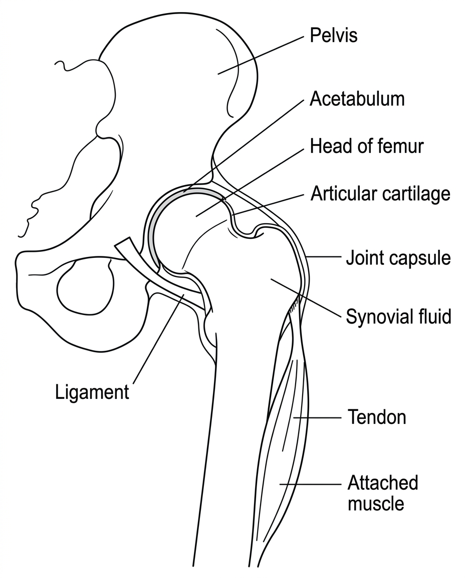 A labelled anatomical diagram of the hip joint in frontal or oblique view. It should show the pelvis, socket, head of femur, articular cartilage, joint capsule, synovial fluid region, a ligament, a tendon and an attached muscle. Labels should identify structures only, without describing their roles.