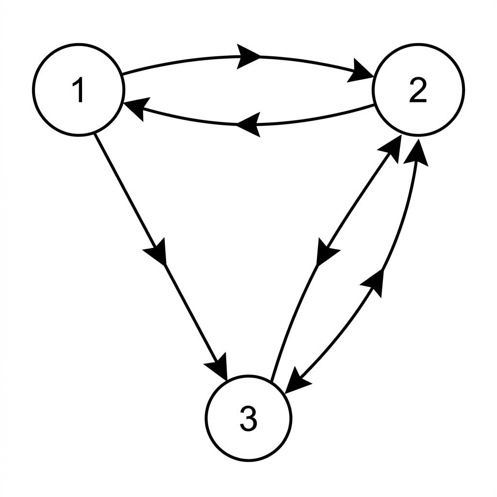 A directed network with three labelled stations whose arrows correspond to the adjacency matrix in the stem.