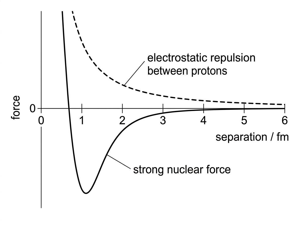 An annotated force-versus-separation diagram for two nucleons. It should show a very short-range strong interaction that is attractive over nuclear separations and falls rapidly to nearly zero beyond a few femtometres, together with a longer-range proton-proton electrostatic repulsion curve.