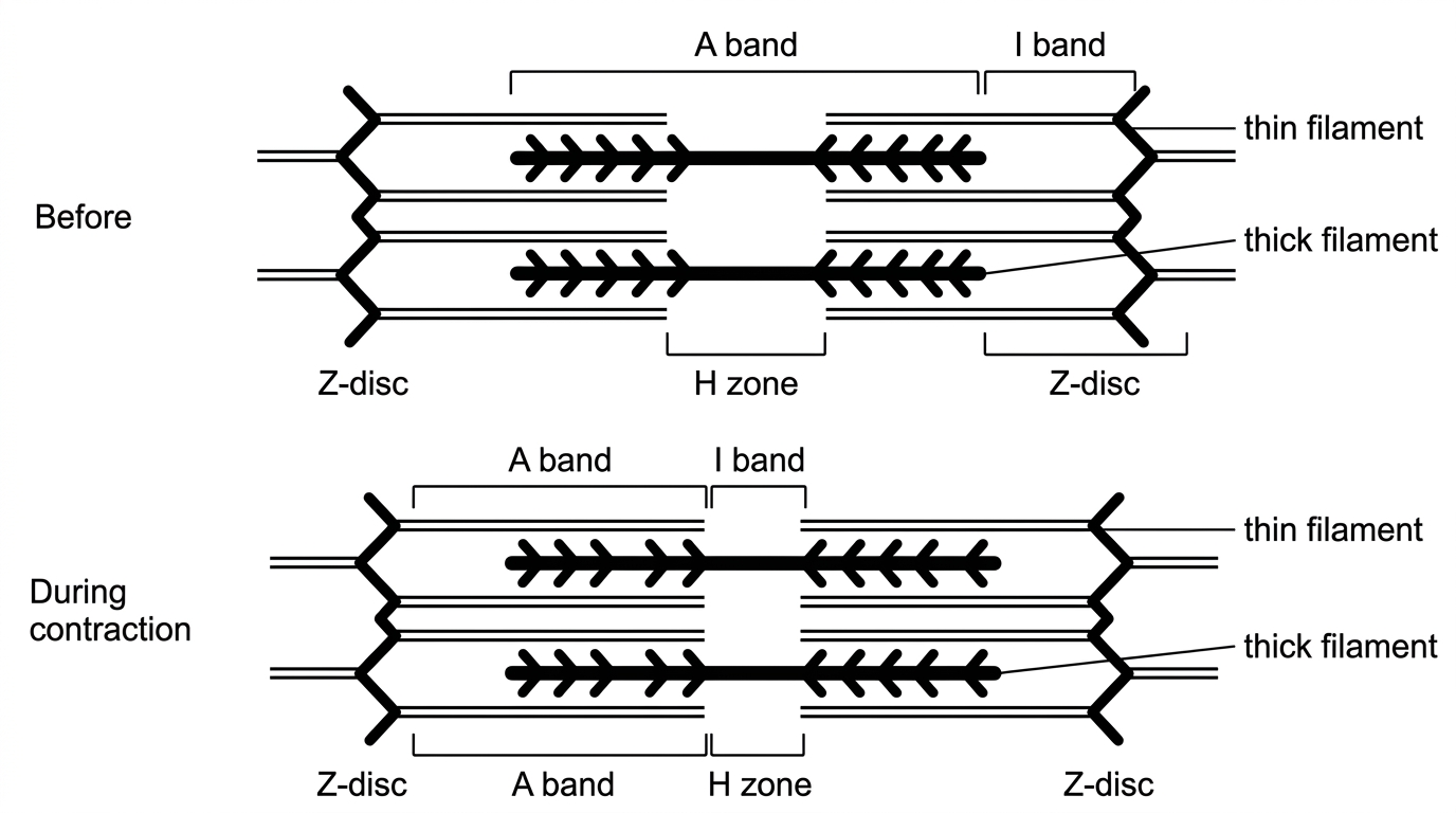Diagram of one sarcomere before and during contraction, showing Z-discs, thin actin filaments and thick myosin filaments, with bands indicated but without labels giving the answer.