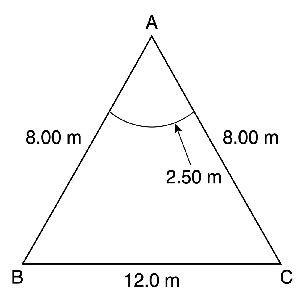An isosceles triangular greenhouse cross-section ABC with horizontal base BC, equal sloping sides AB and AC, and a sector of radius 2.50 m at the apex A.