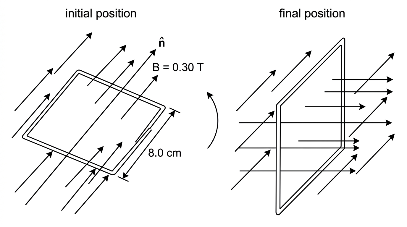 Two orientations of the same square loop in a uniform magnetic field. In the first, the loop normal is parallel to the field. In the second, the plane of the loop is parallel to the field. The side length and magnetic flux density are labelled. A curved arrow indicates the rotation between the two positions.