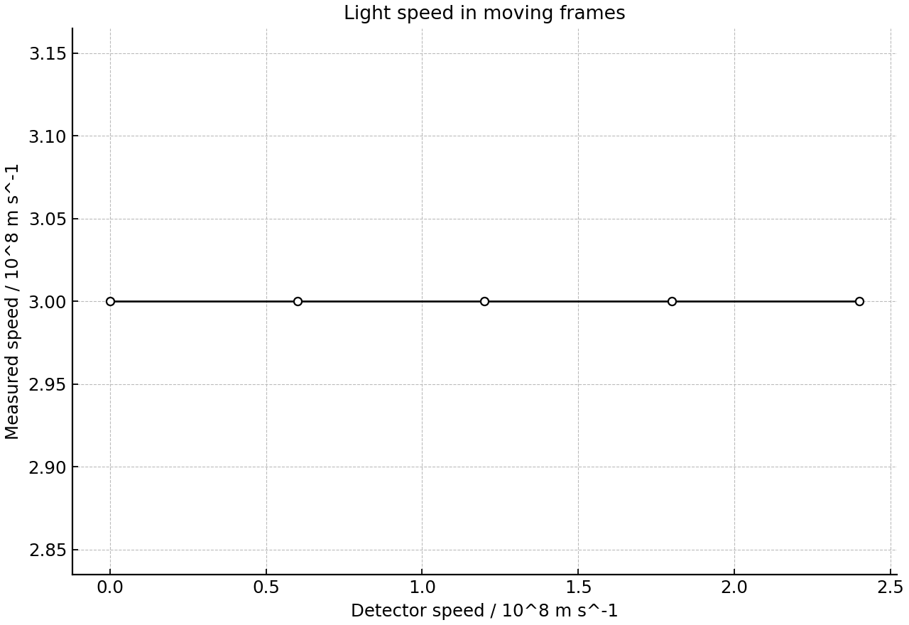 Measured speed of a light pulse in detector frames.