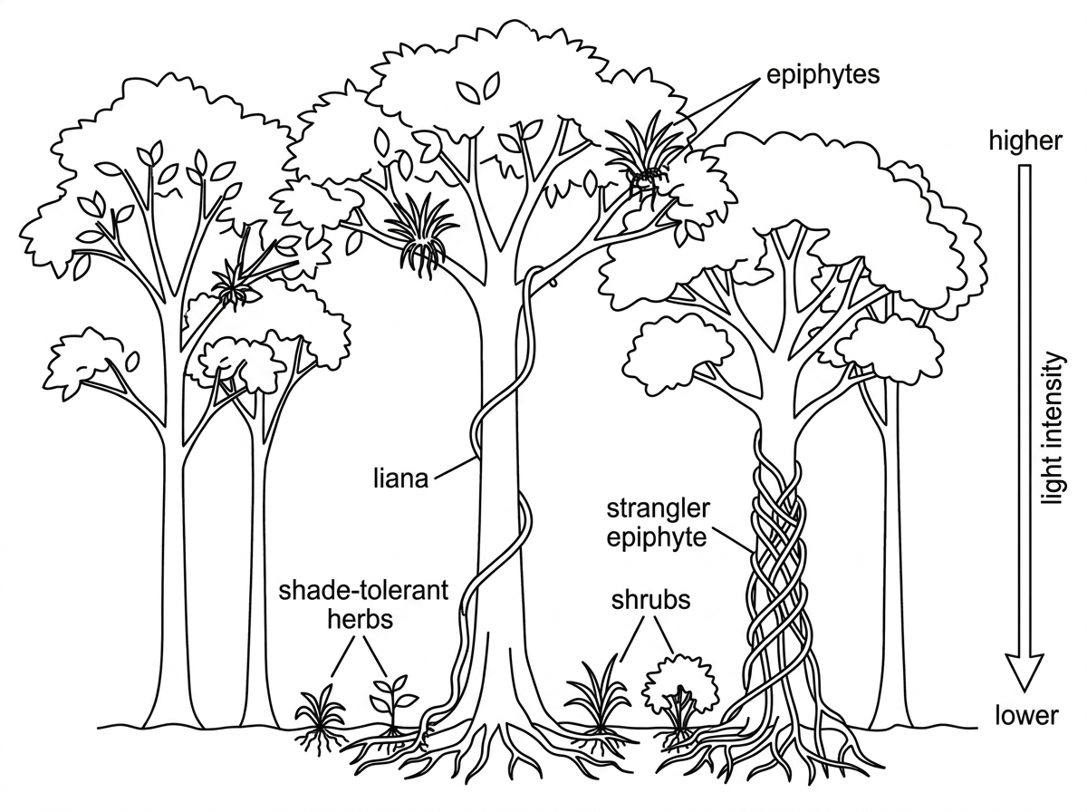 Cross-section of a forest showing canopy trees, a woody liana climbing a tree, epiphytes on branches, a strangler epiphyte around a host trunk, and shade-tolerant herbs and shrubs on the forest floor; light intensity decreases from canopy to forest floor.