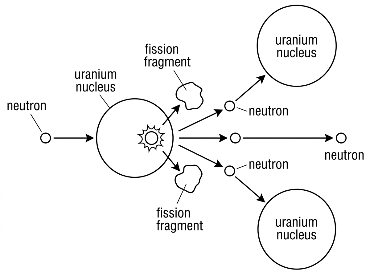A simplified branching diagram of a uranium nucleus undergoing fission after absorbing a neutron. The products release several neutrons, some of which travel towards nearby uranium nuclei. The diagram should show branching without labelling the condition for a steady chain reaction.